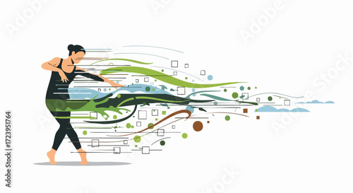 Dynamic Fitness Illustration Woman Executing a Martial Arts Kick with Abstract Motion Lines