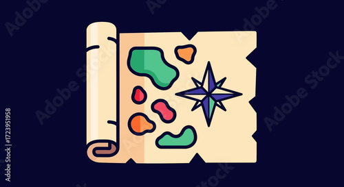 Ancient Treasure Map with Compass Rose and Islands.