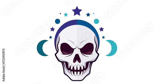 Angry skull with celestial elements design.