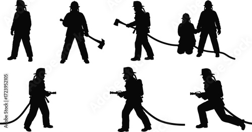 firefighter, fireman, rescuer, emergency, safety, professional, silhouette, helmet, hose, axe, team, rescue, icon, vector, illustration, black, white, uniform, staff, design
