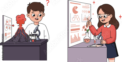 Children presenting science fair projects with volcano eruption experiment and chemistry research, educational learning activities for school students knowledge growth.