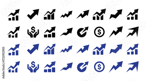 Collection of upward trending graph icons and financial symbols isolated on a white background, representing growth and success
