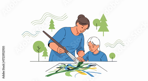 Mother and Child Painting Together Creative Family Time and Art Education Concept