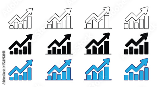 Collection of four bar chart icons with upward trending arrows, isolated on white background