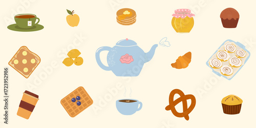 Large set of tea party items, tea utensils, tea accessories. sweets on white background. Vector illustration in flat style.