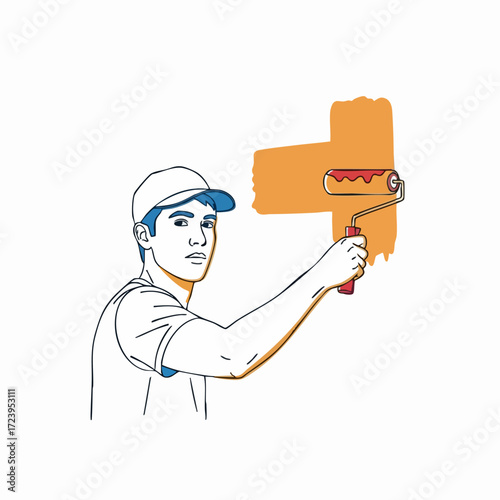 Painter at Work Applying Orange Paint on Wall with Roller DIY and Home Improvement Concept