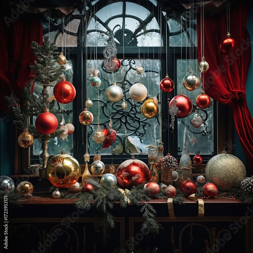 close up square image of indoor Christmas decorations, shiny red and golden balls a fir twigs