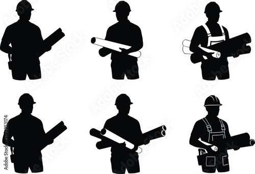 Construction worker silhouette vector architect engineer holding blueprints contractor builder construction design drawing site project planning illustration