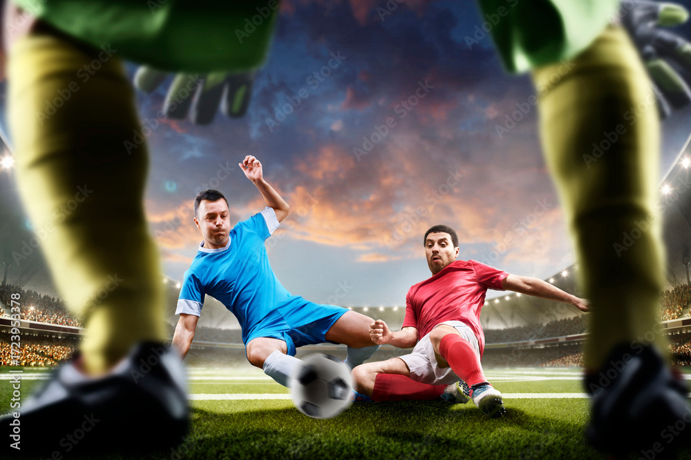 Obraz premium Professional soccer players in action. Tackling the ball. Soccer championship. Sunset on stadium. Soccer. Soccer arena full of fans. Sports concept.