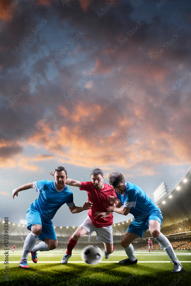 Obraz premium Professional soccer players in action. Tackling the ball. Soccer championship. Soccer arena full of fans. Sports concept. Sunset on stadium. Soccer. Vertical.