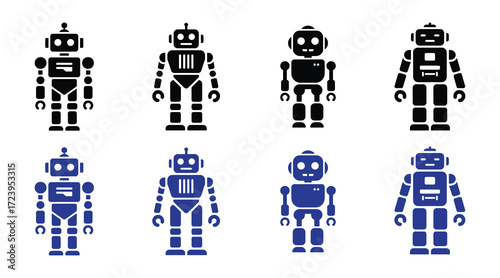 Collection of retro and modern robot icons in black and blue, isolated on a white background, representing technology and artificial intelligence