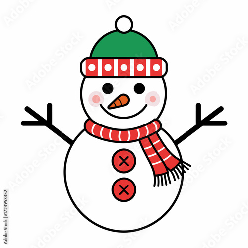 Vector art of a cheerful cartoon snowman wearing a green and red striped hat and scarf, with rosy cheeks and a carrot nose, standing with outstretched arms