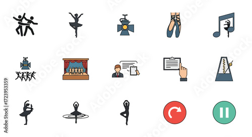Ballet dance performance stage lighting music notes and related icons.