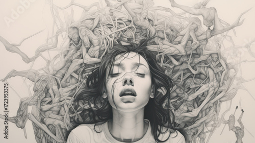 close up horizontal sketch illustration of a young woman with a desperate facial expression