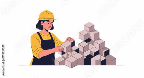 Female Construction Worker Building with Blocks Concept of Building Construction and Teamwork