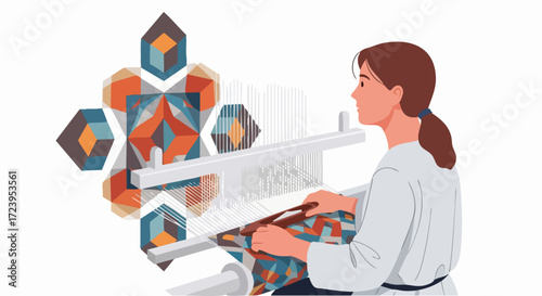 A woman weaving a colorful geometric pattern on a loom, with abstract geometric shapes in the background.