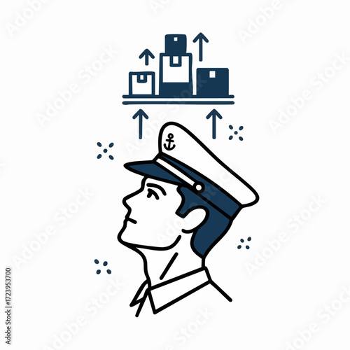 A stylized illustration of a person in a captain's hat looking up at a shelf with boxes and upward arrows, symbolizing logistics and inventory management.