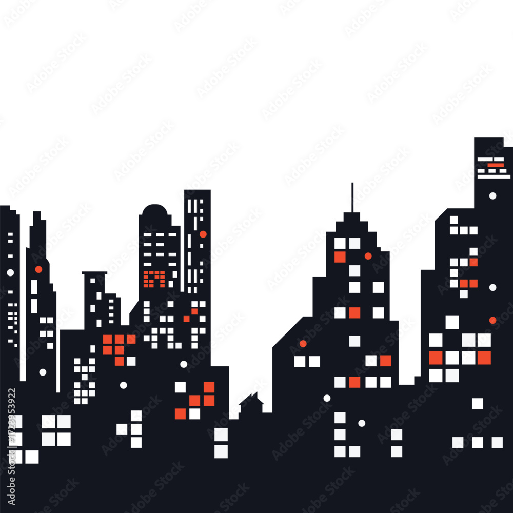 Obraz premium Modern city skyline silhouette illustration with illuminated windows for a vector design element