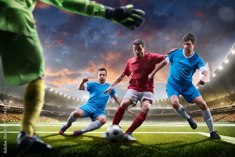 Obraz premium Sports concept. Sunset on stadium. Soccer. Professional soccer players in action. Tackling the ball. Soccer championship. Soccer arena full of fans
