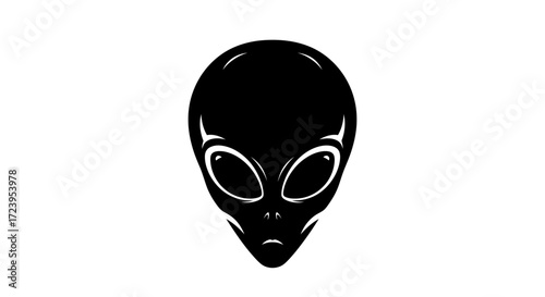 Black alien head silhouette with large eyes on a white background.