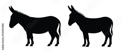 Two black donkey silhouettes standing side by side isolated on white background