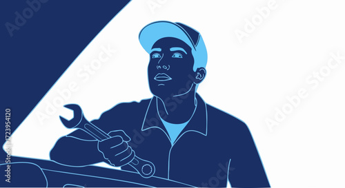 A mechanic wearing a blue cap and shirt holds a wrench while looking up at the engine of a car.