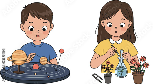 Curious children learning science experiments with solar system planets model and biology plant study, educational activity for kids knowledge growth.