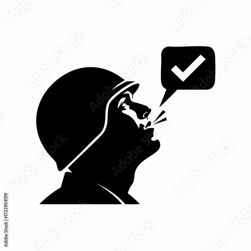 Silhouette of a soldier in a helmet speaking with a checkmark in a speech bubble.
