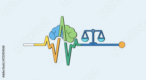 Brain and Scales of Justice on a Heartbeat Line.