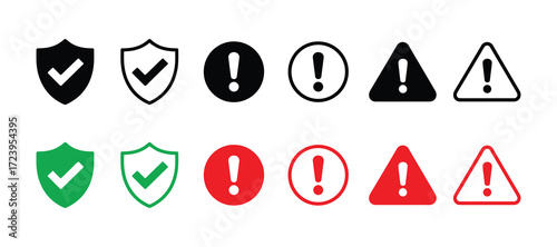 Set of security and warning icons including shields with checkmarks and exclamation marks in circles and triangles, isolated on white background