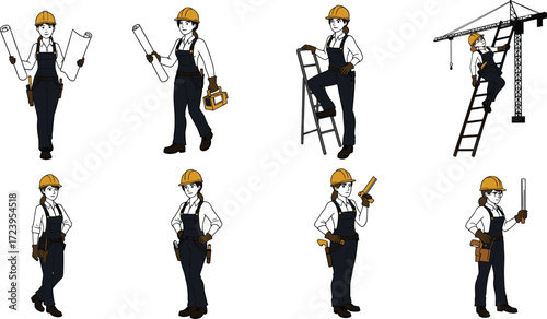 construction, worker, builder, contractor, engineer, professional, silhouette, hard hat, tool belt, blueprint, ladder, drill, level, icon, vector, illustration, black, white, site, staff, design