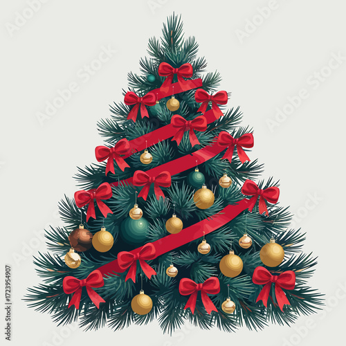 Vector art of a beautifully decorated christmas tree adorned with red ribbons and bows, along with golden and green baubles, set against a plain background