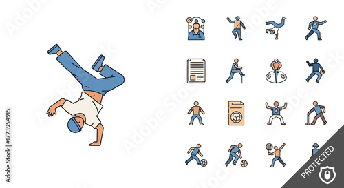 Breakdancer performing a handstand with a collection of sports and activity icons.