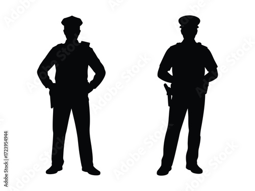 Two police officer silhouettes standing with hands on hips, isolated on white background