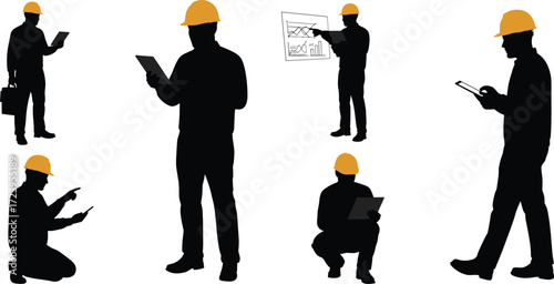 construction, worker, engineer, architect, contractor, inspector, professional, silhouette, hard hat, tablet, smartphone, briefcase, chart, icon, vector, illustration, black