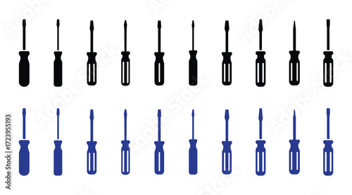 Collection of black and blue screwdriver icons in silhouette and outline, isolated on a white background