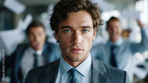 A young man in a suit is in a stressful office environment. The photo conveys the chaos and pressure of competition.