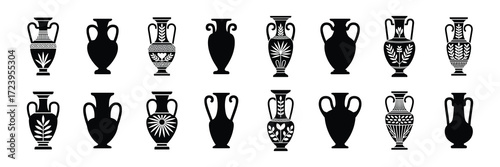Collection of black silhouettes of ancient greek amphorae and vases with decorative patterns, isolated on white background