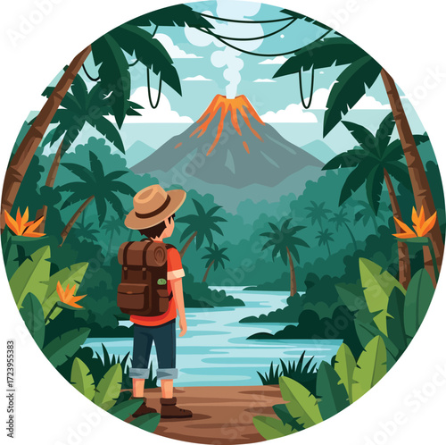 Adventurer Hiking Near Volcano in Rainforest