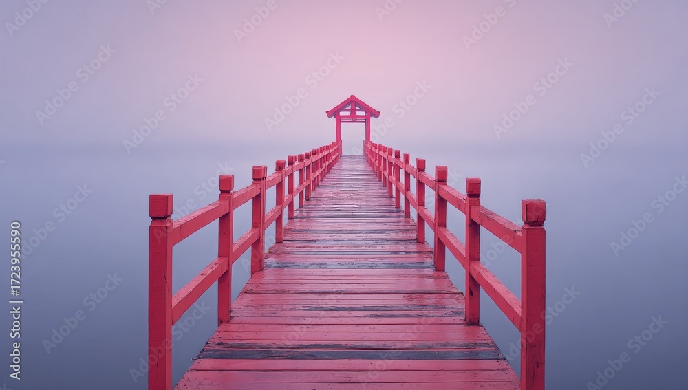 Obraz premium A vibrant red wooden bridge extends into a hazy purple-gray landscape