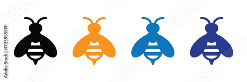 Four stylized bee icons in different colors black, orange, blue, and dark blue, isolated on white background