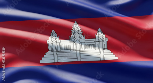 Vibrant 3d rendering of the cambodian flag, showcasing the iconic angkor wat temple silhouette against a backdrop of flowing red and blue, symbolizing the nations rich history and cultural heritage