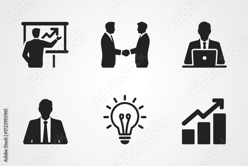 This set of business icons visually represents key corporate concepts such as presentations, partnerships, remote work, professional roles, creative thinking, and financial growth.
