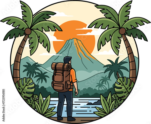 Backpacker Watching Volcano in Tropical Paradise