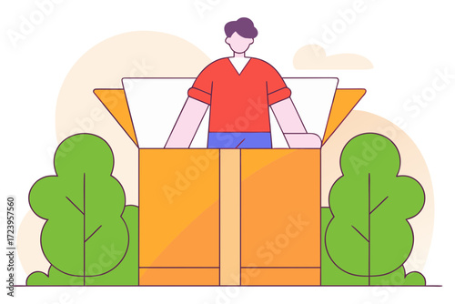 Man in a box with trees and clouds isolated on transparent background