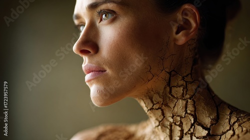 Close-up profile of a beautiful woman with a serious expression and dry, cracked skin on her neck. Illustrates dehydration, skin condition, or health vulnerability.