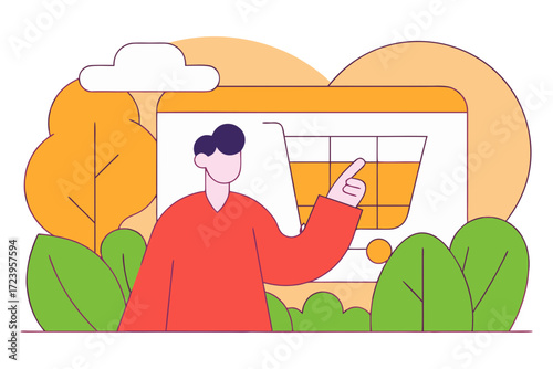 Person interacting with shopping cart on screen isolated on transparent background