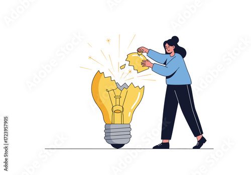 A woman is assembling a broken light bulb idea.