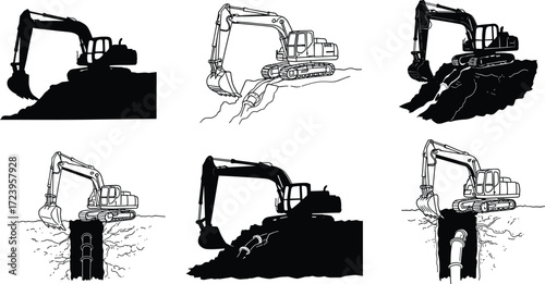 Excavator construction site heavy equipment digging trench pipeline engineering industrial machinery working earthmoving silhouette illustration infrastructure maintenance vector design