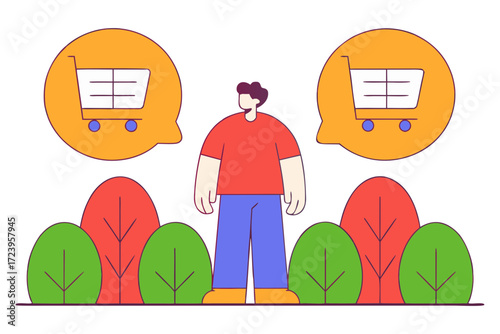 Man thinking about shopping with thought bubbles showing shopping carts isolated on transparent background